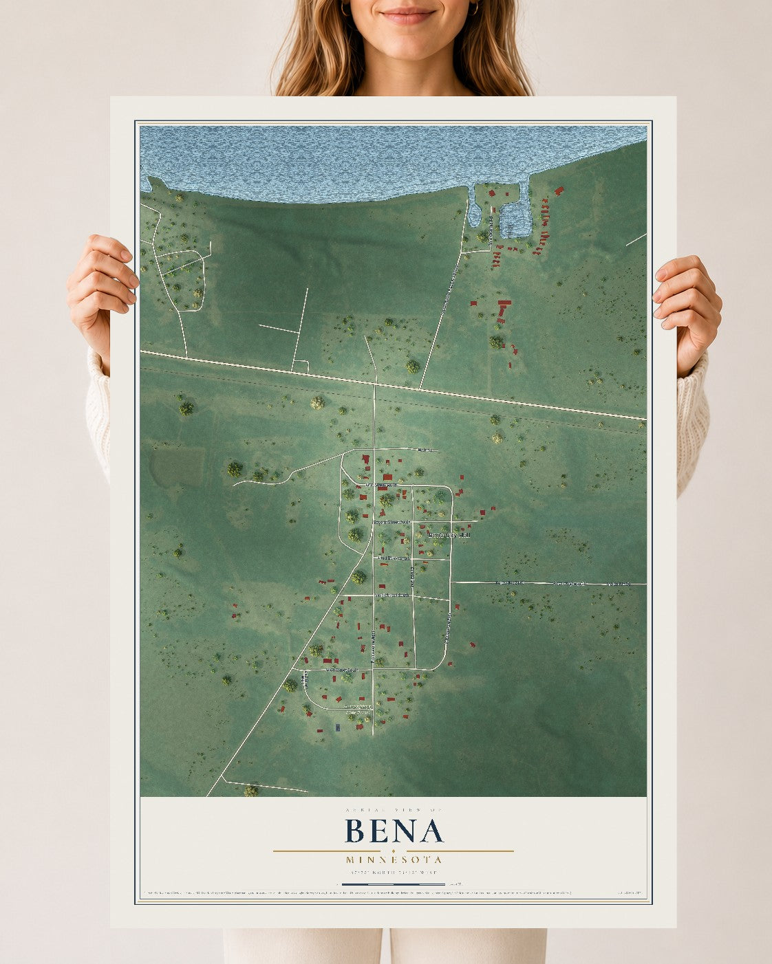 Map of Bena, Minnesota, 24 x 36 inch unframed archival matte print