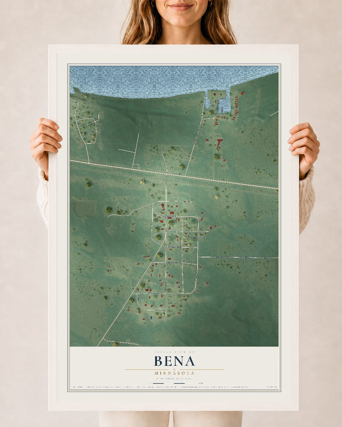 Map of Bena, Minnesota, 24 x 36 inch print in a white wood frame