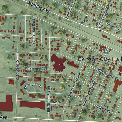 Close-up of the map of Benson, Minnesota print showing street and building detail