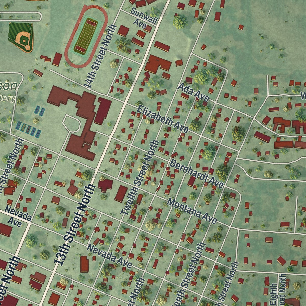Second close-up of the map of Benson, Minnesota print showing more streets and buildings