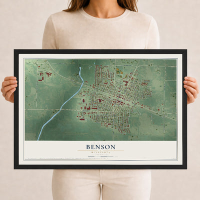 Map of Benson, Minnesota, 12 x 18 inch print in a black wood frame
