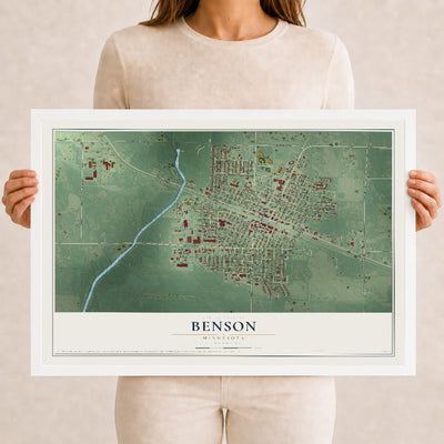 Map of Benson, Minnesota, 12 x 18 inch print in a white wood frame