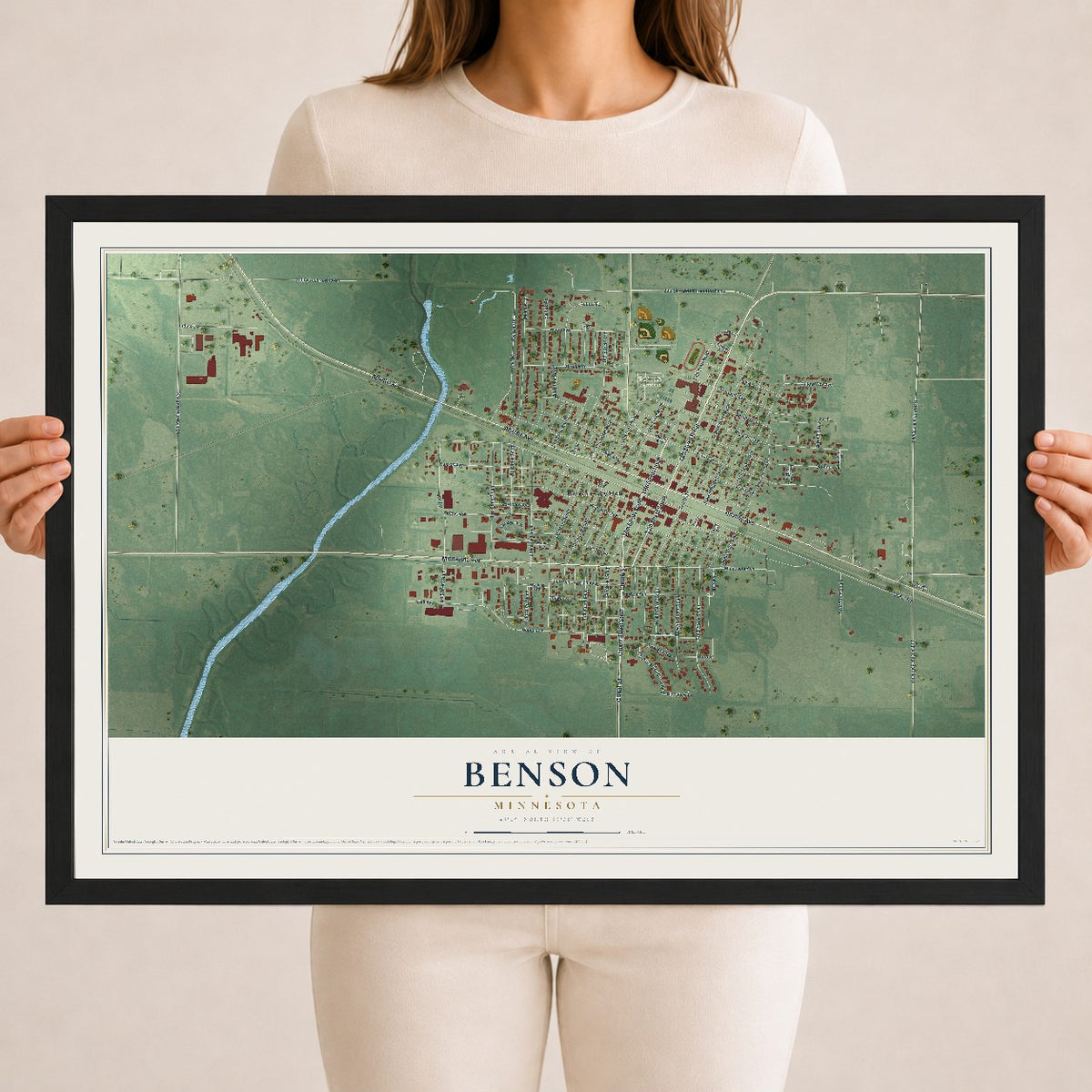 Map of Benson, Minnesota, 18 x 24 inch print in a black wood frame