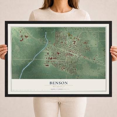 Map of Benson, Minnesota, 18 x 24 inch print in a black wood frame