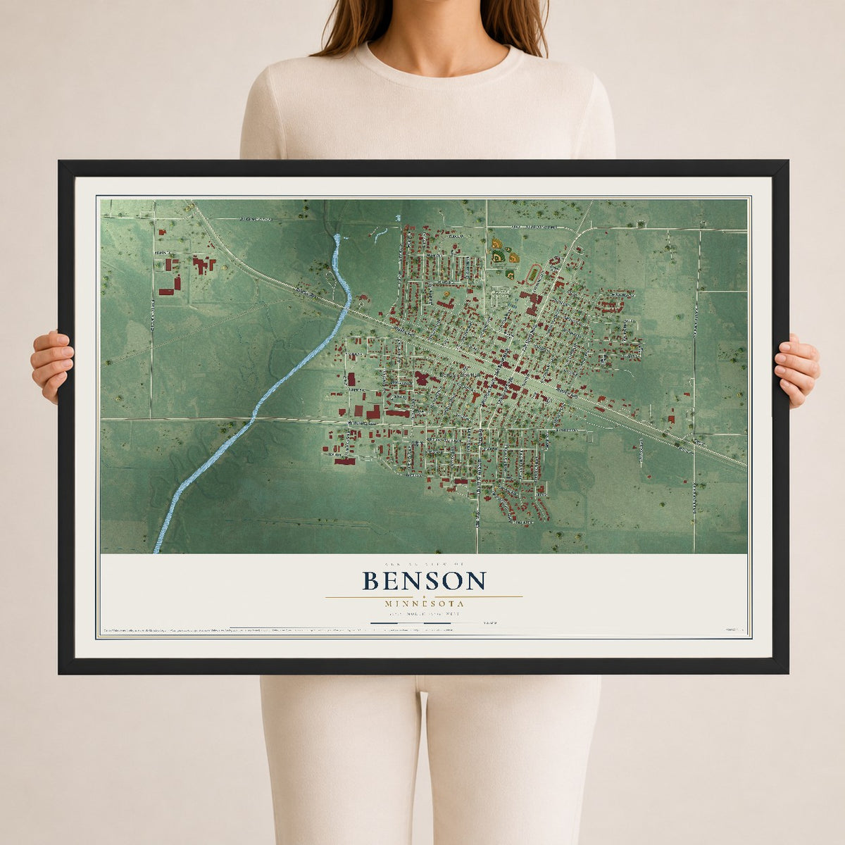 Map of Benson, Minnesota, 24 x 36 inch print in a black wood frame