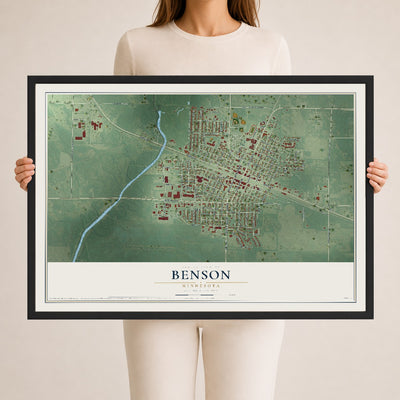 Map of Benson, Minnesota, 24 x 36 inch print in a black wood frame