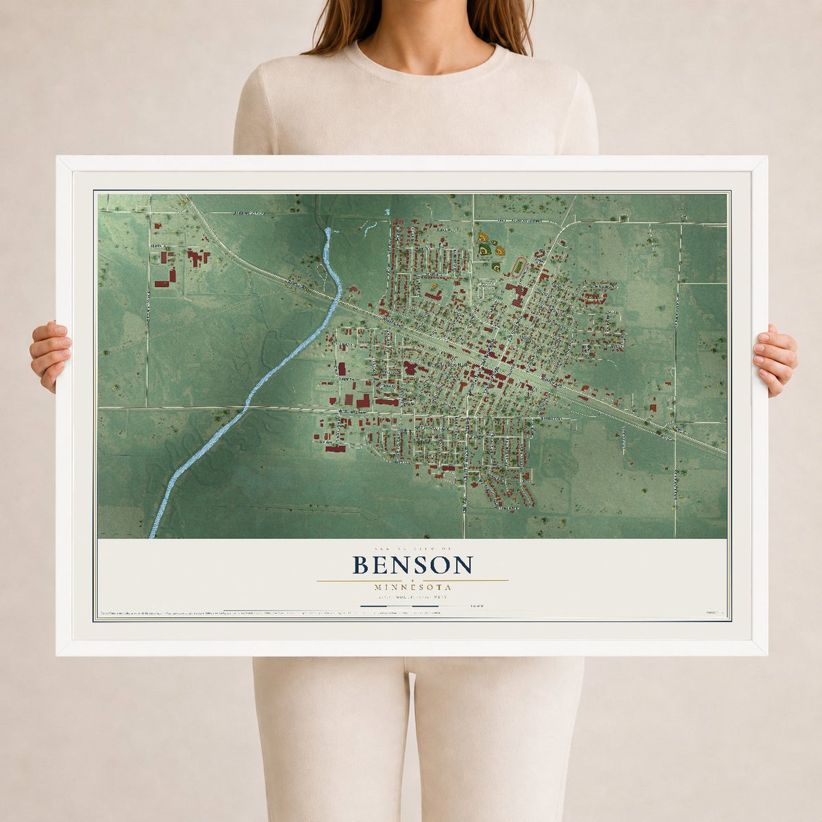 Map of Benson, Minnesota, 24 x 36 inch print in a white wood frame