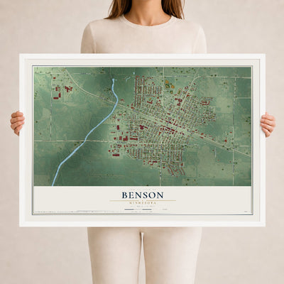 Map of Benson, Minnesota, 24 x 36 inch print in a white wood frame