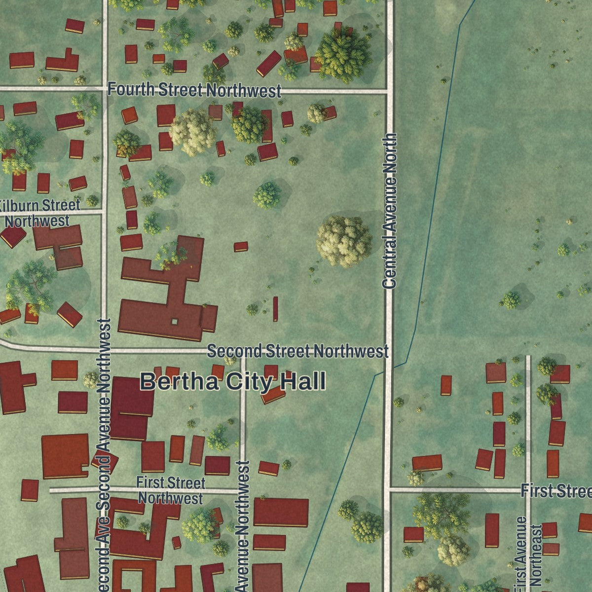 Close-up of the map of Bertha, Minnesota print showing street and building detail