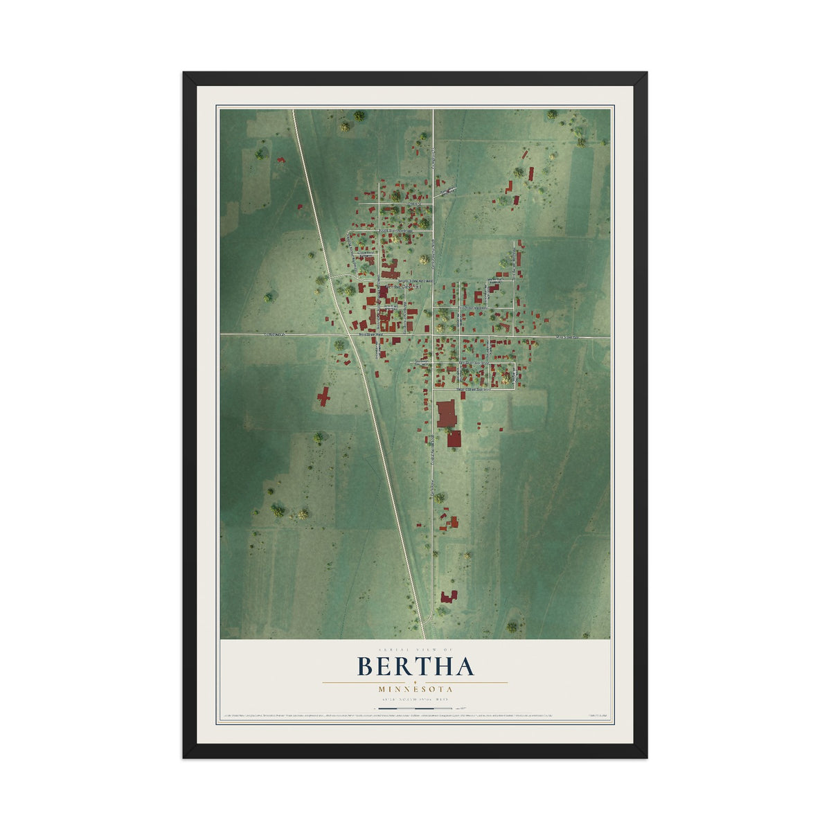 Map of Bertha, Minnesota, 12 x 18 inch print in a black wood frame