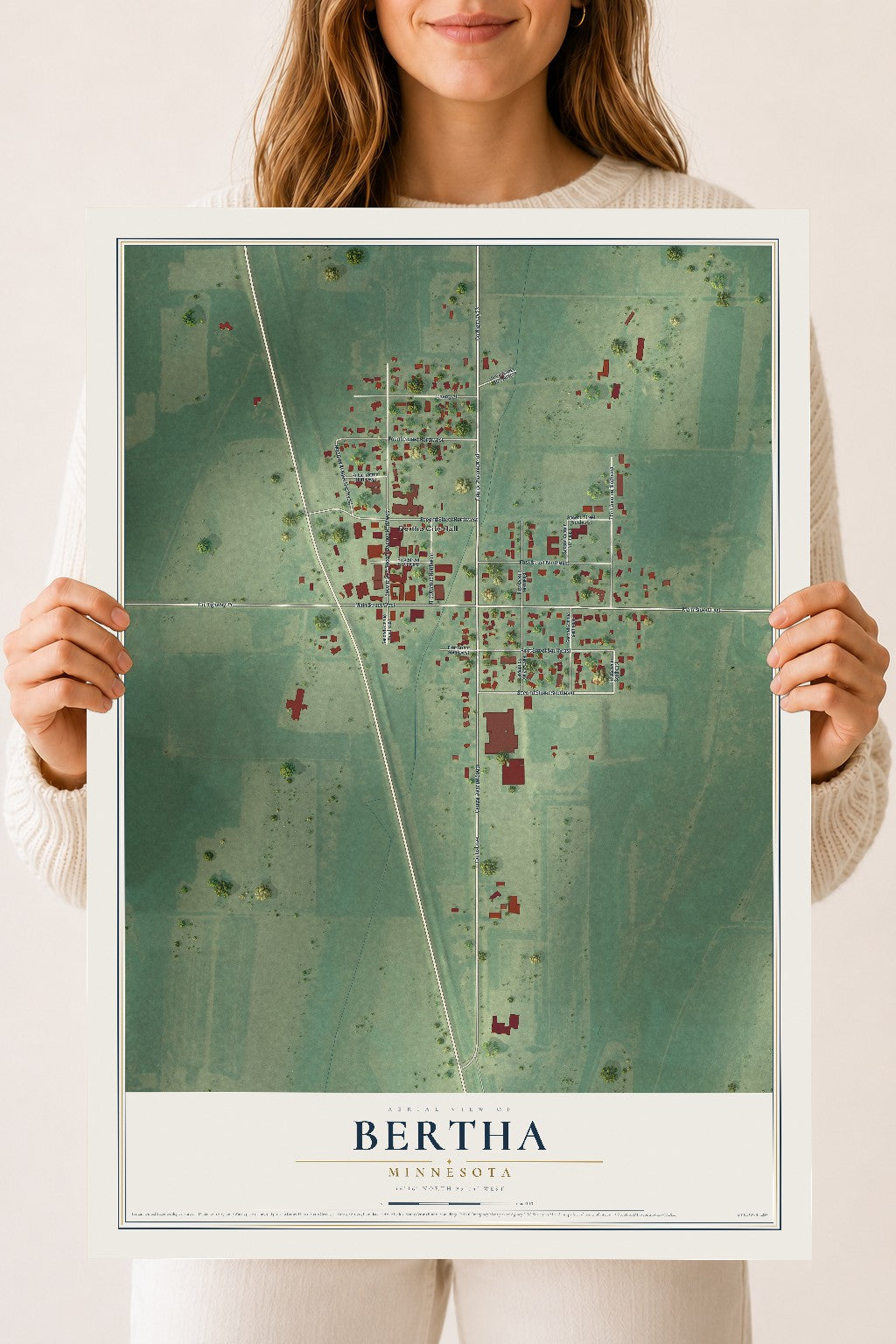 Map of Bertha, Minnesota, 18 x 24 inch unframed archival matte print
