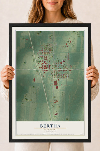 Map of Bertha, Minnesota, 18 x 24 inch print in a black wood frame