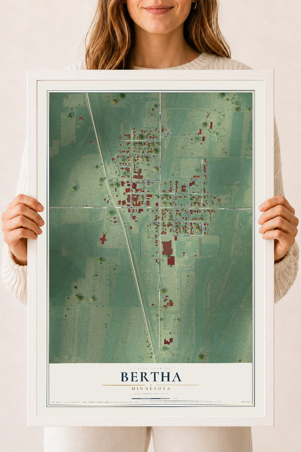 Map of Bertha, Minnesota, 18 x 24 inch print in a white wood frame