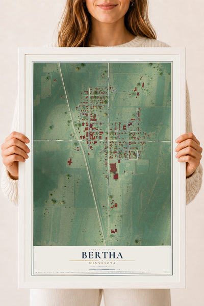 Map of Bertha, Minnesota, 18 x 24 inch print in a white wood frame