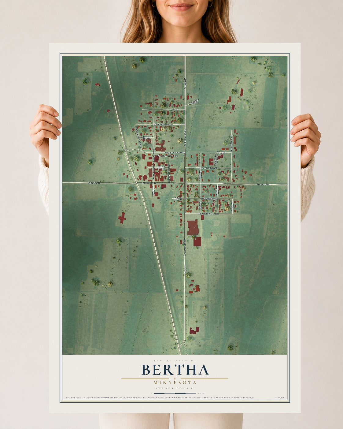 Map of Bertha, Minnesota, 24 x 36 inch unframed archival matte print