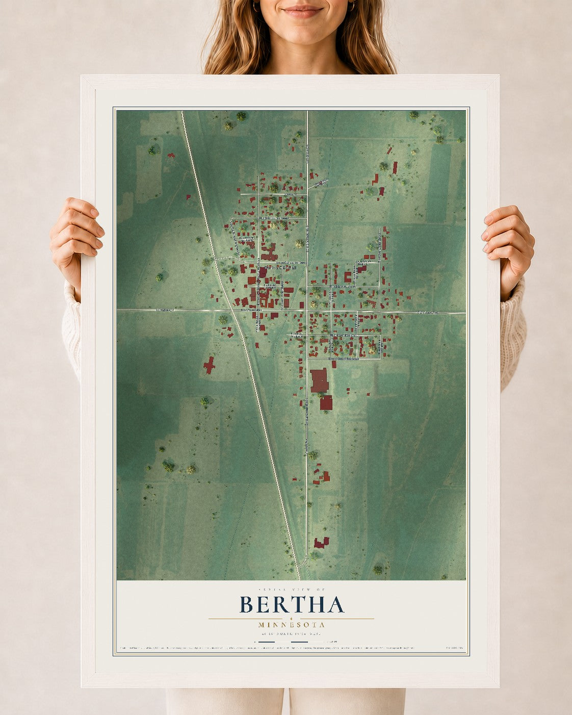 Map of Bertha, Minnesota, 24 x 36 inch print in a white wood frame
