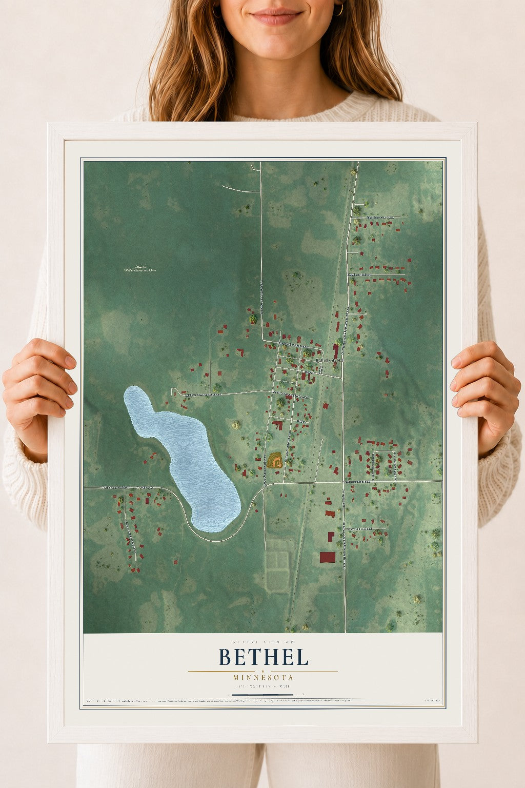 Map of Bethel, Minnesota, 18 x 24 inch print in a white wood frame