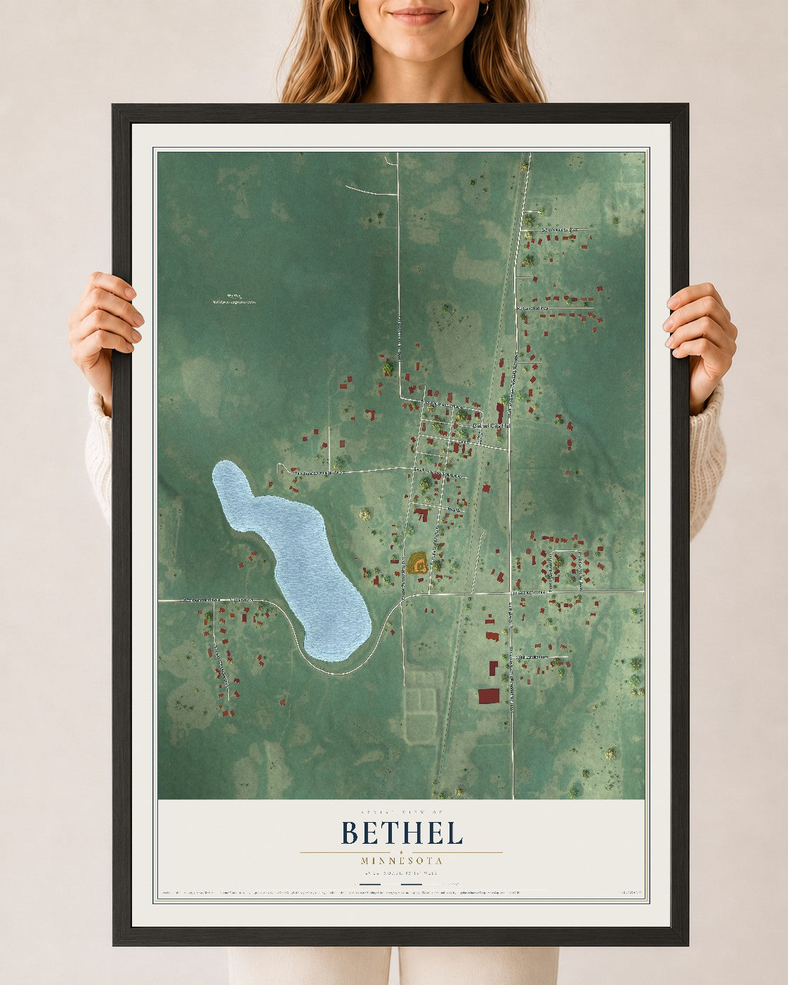 Map of Bethel, Minnesota, 24 x 36 inch print in a black wood frame