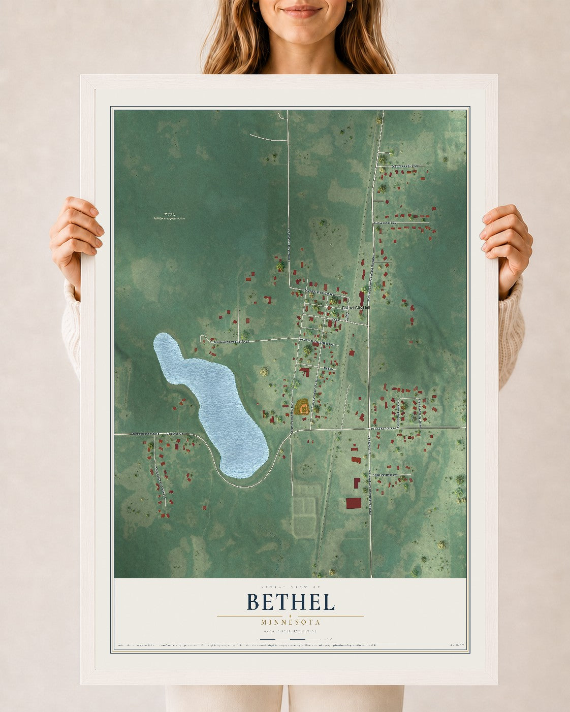 Map of Bethel, Minnesota, 24 x 36 inch print in a white wood frame
