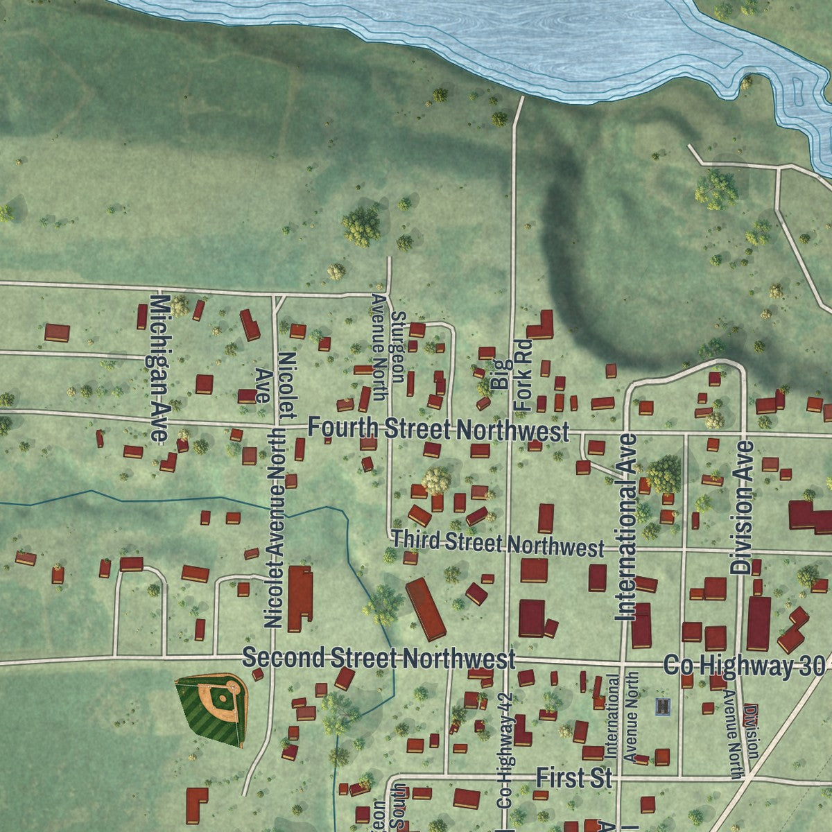 Close-up of the map of Big Falls, Minnesota print showing street and building detail