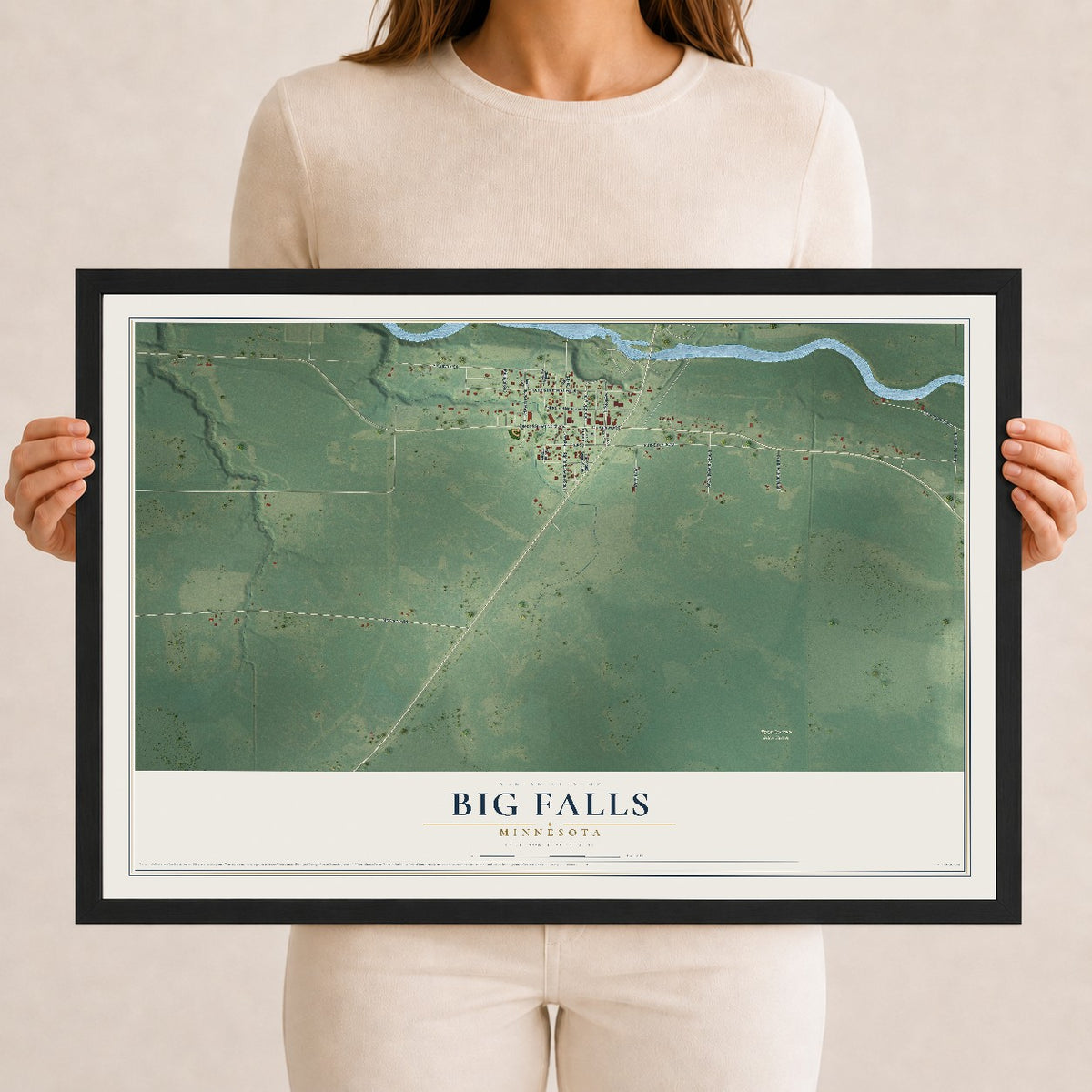 Map of Big Falls, Minnesota, 12 x 18 inch print in a black wood frame