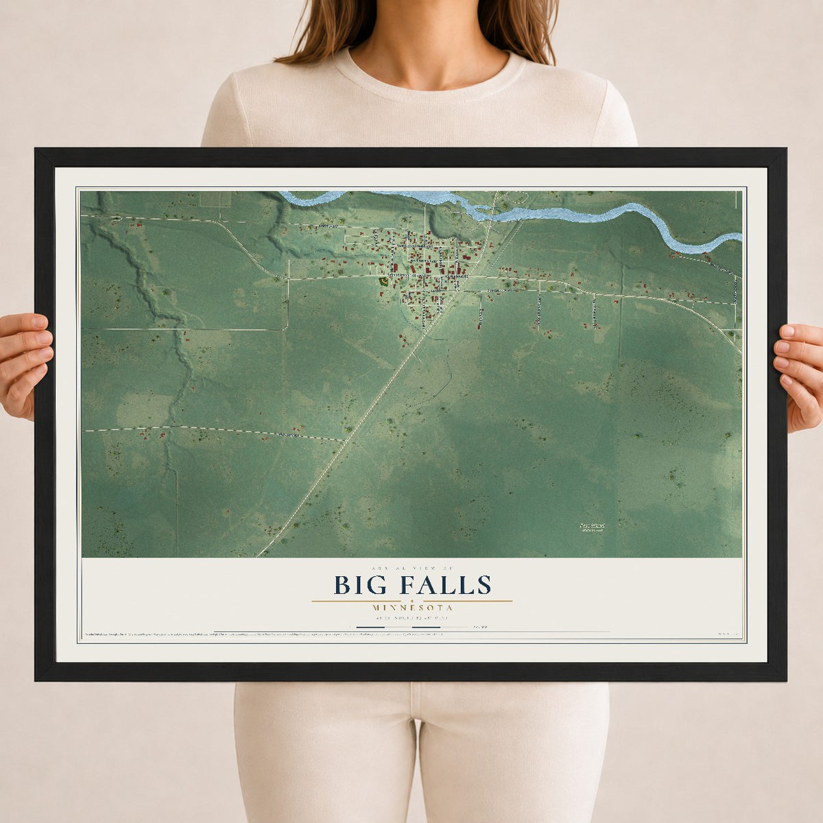 Map of Big Falls, Minnesota, 18 x 24 inch print in a black wood frame