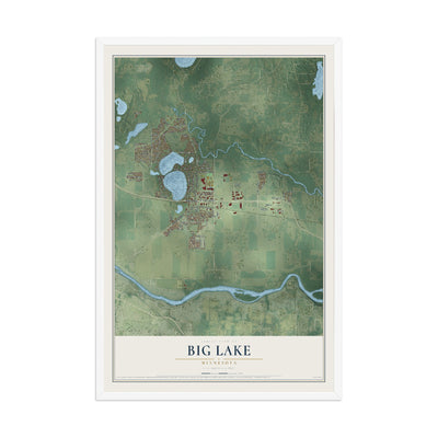 Map of Big Lake, Minnesota, 12 x 18 inch print in a white wood frame