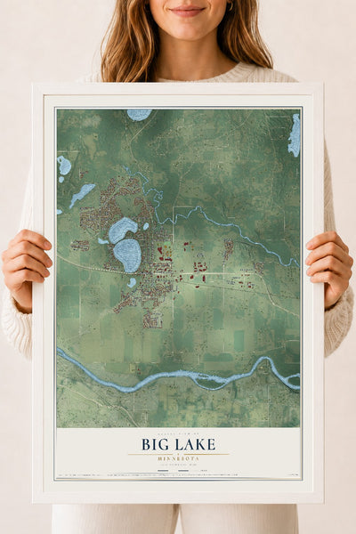 Map of Big Lake, Minnesota, 18 x 24 inch print in a white wood frame