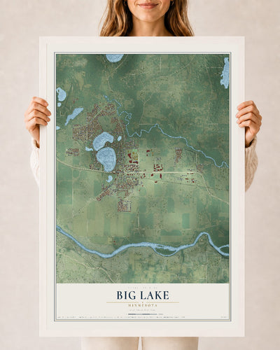 Map of Big Lake, Minnesota, 24 x 36 inch print in a white wood frame