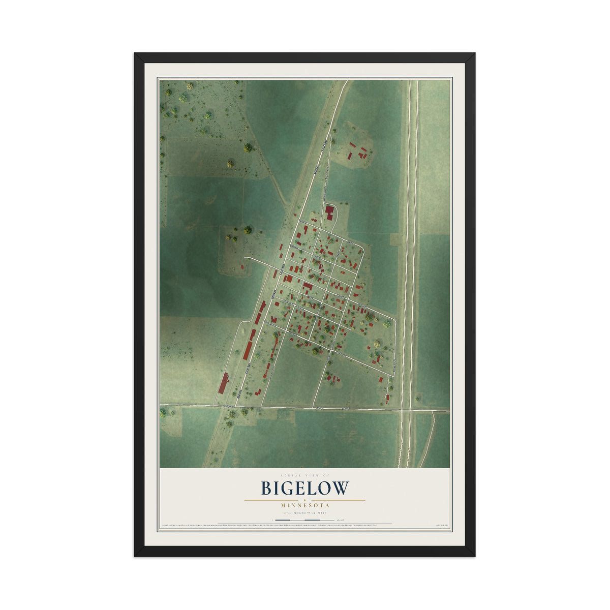 Map of Bigelow, Minnesota, 12 x 18 inch print in a black wood frame