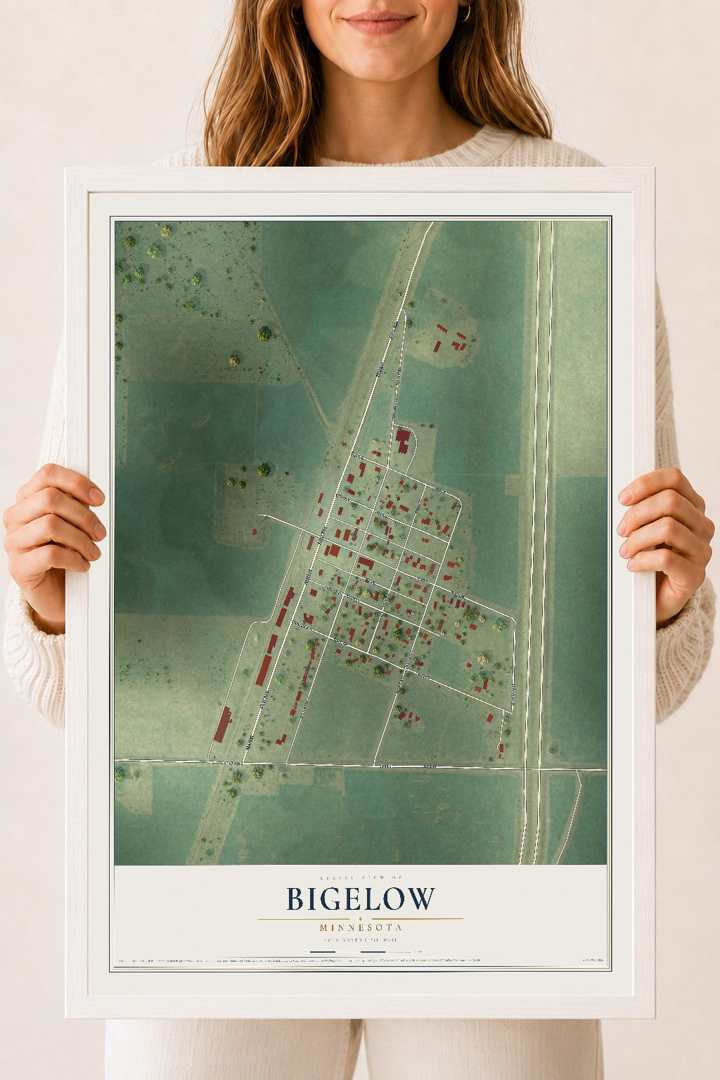 Map of Bigelow, Minnesota, 18 x 24 inch print in a white wood frame