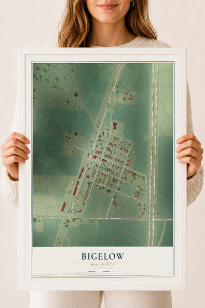 Map of Bigelow, Minnesota, 18 x 24 inch print in a white wood frame