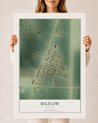 Map of Bigelow, Minnesota, 24 x 36 inch print in a white wood frame