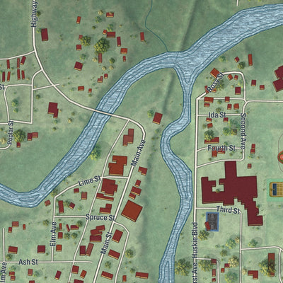 Close-up of the map of Bigfork, Minnesota print showing street and building detail