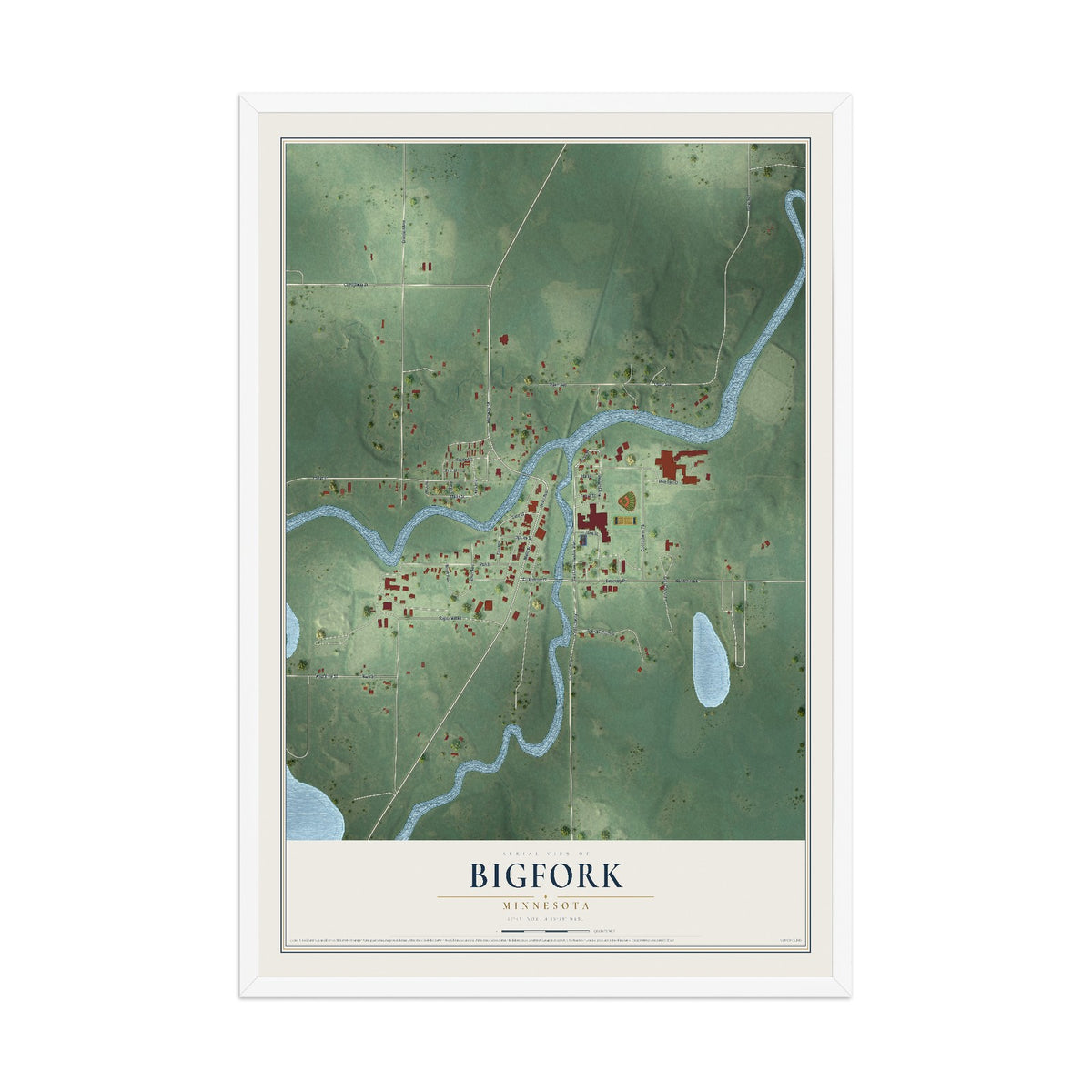 Map of Bigfork, Minnesota, 12 x 18 inch print in a white wood frame
