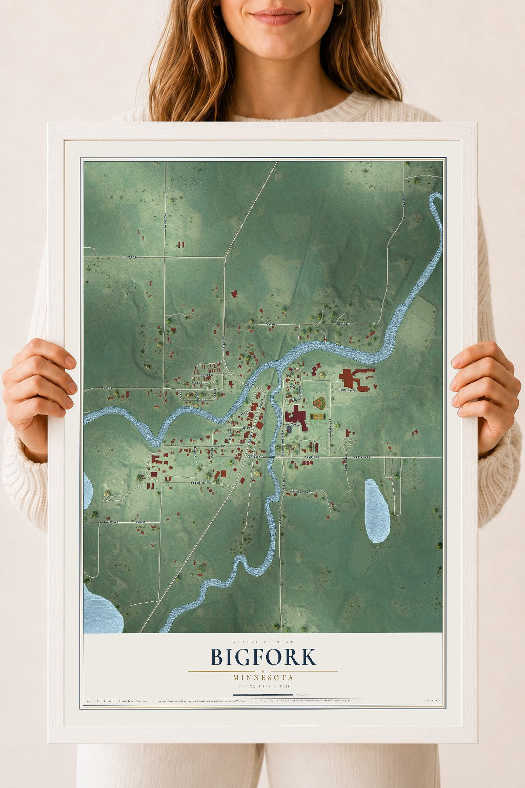 Map of Bigfork, Minnesota, 18 x 24 inch print in a white wood frame