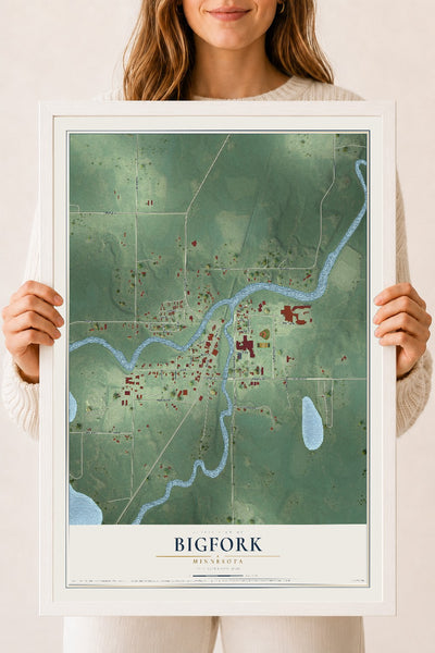 Map of Bigfork, Minnesota, 18 x 24 inch print in a white wood frame
