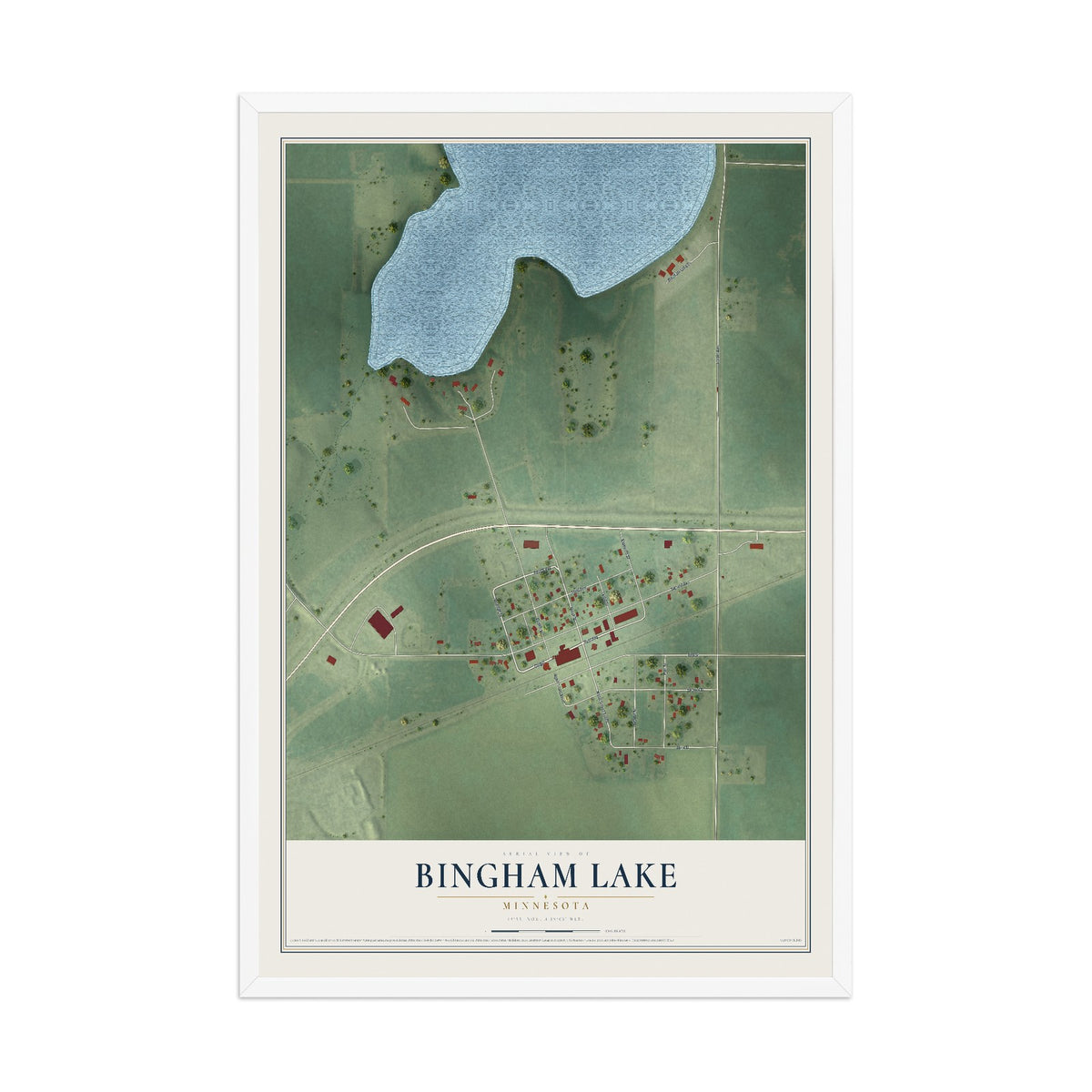 Map of Bingham Lake, Minnesota, 12 x 18 inch print in a white wood frame