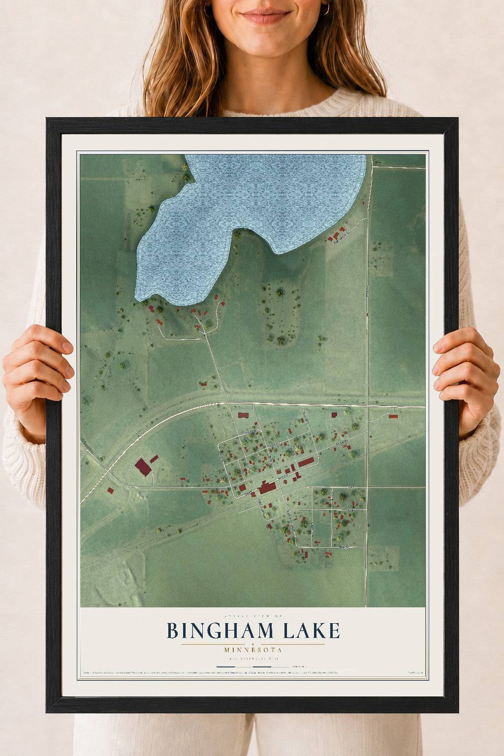 Map of Bingham Lake, Minnesota, 18 x 24 inch print in a black wood frame