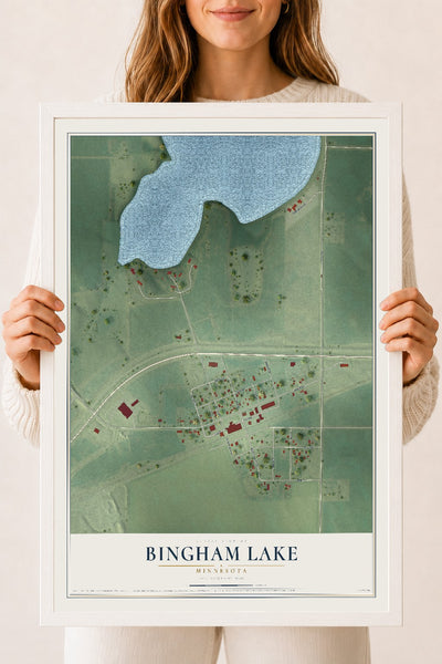 Map of Bingham Lake, Minnesota, 18 x 24 inch print in a white wood frame