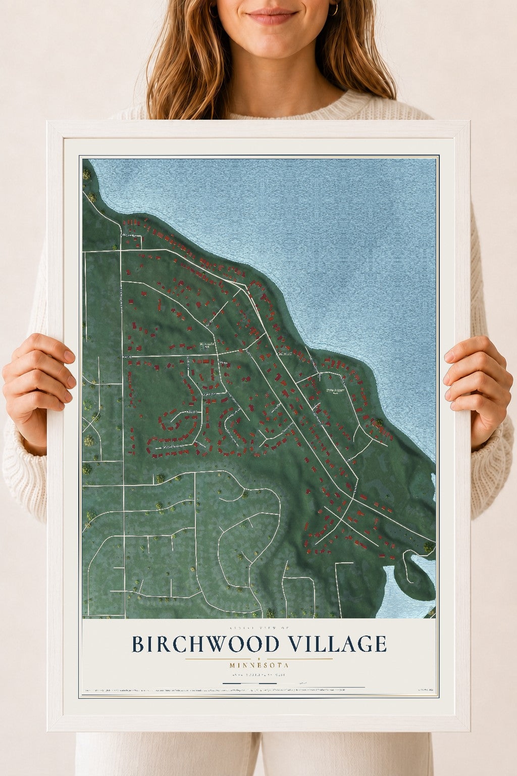 Map of Birchwood Village, Minnesota, 18 x 24 inch print in a white wood frame