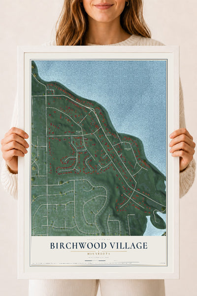 Map of Birchwood Village, Minnesota, 18 x 24 inch print in a white wood frame