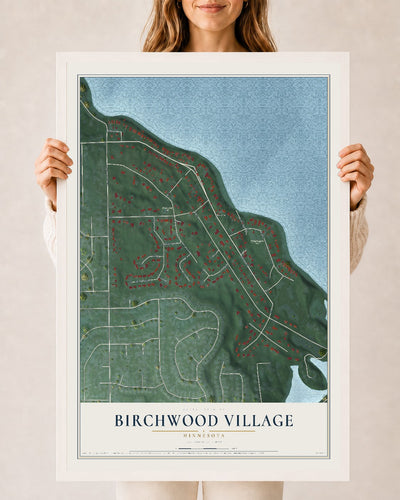 Map of Birchwood Village, Minnesota, 24 x 36 inch print in a white wood frame