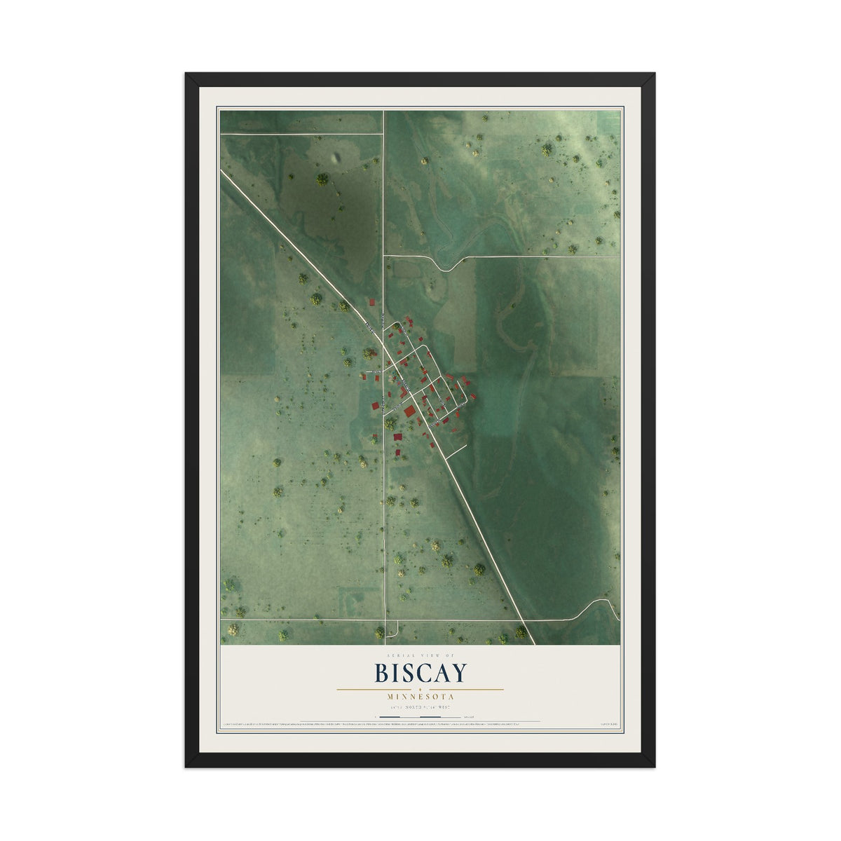 Map of Biscay, Minnesota, 12 x 18 inch print in a black wood frame