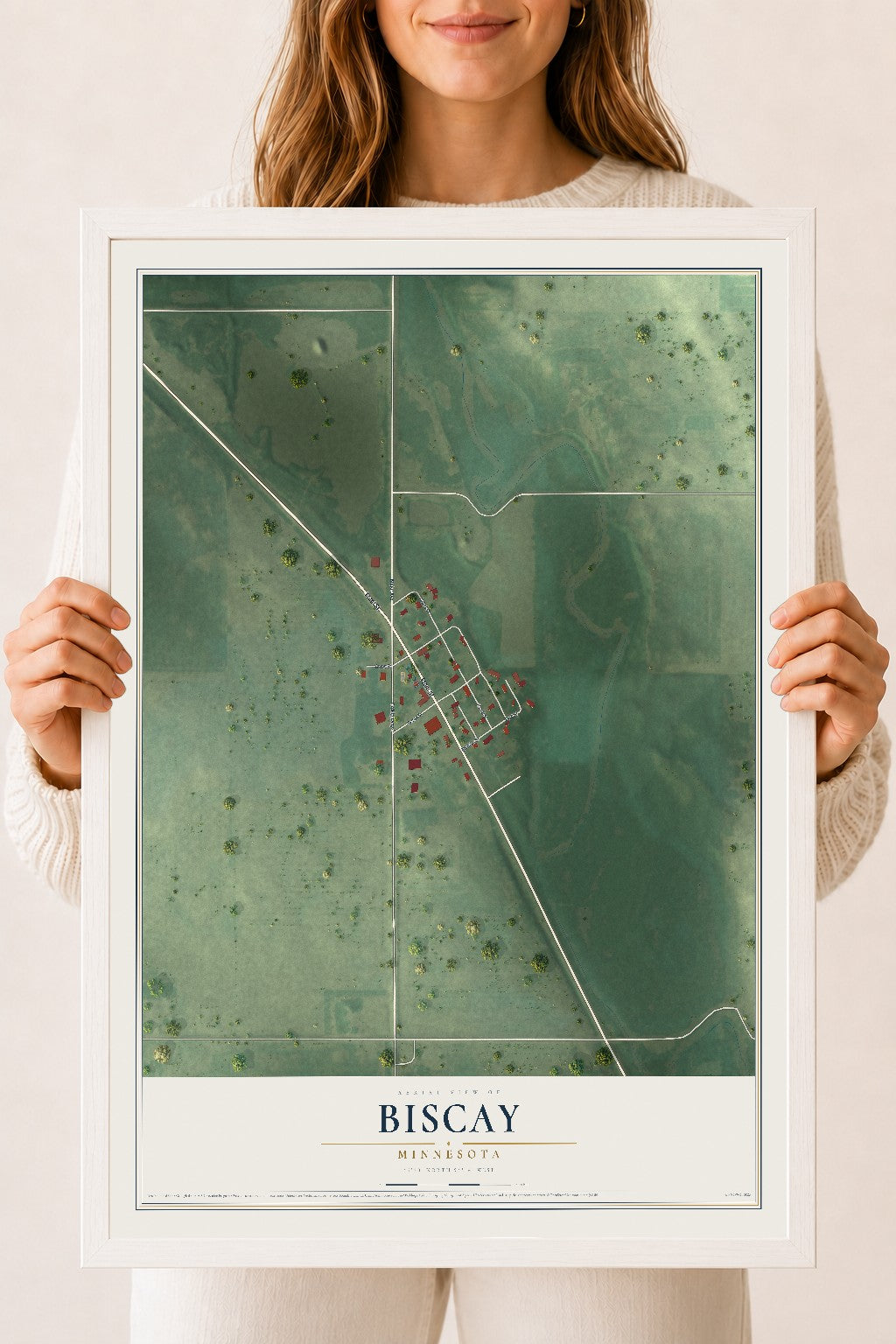 Map of Biscay, Minnesota, 18 x 24 inch print in a white wood frame