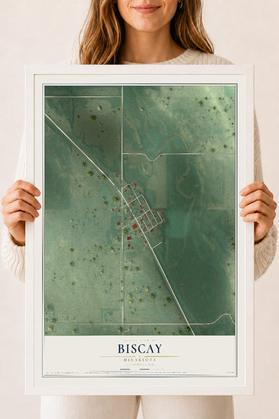 Map of Biscay, Minnesota, 18 x 24 inch print in a white wood frame