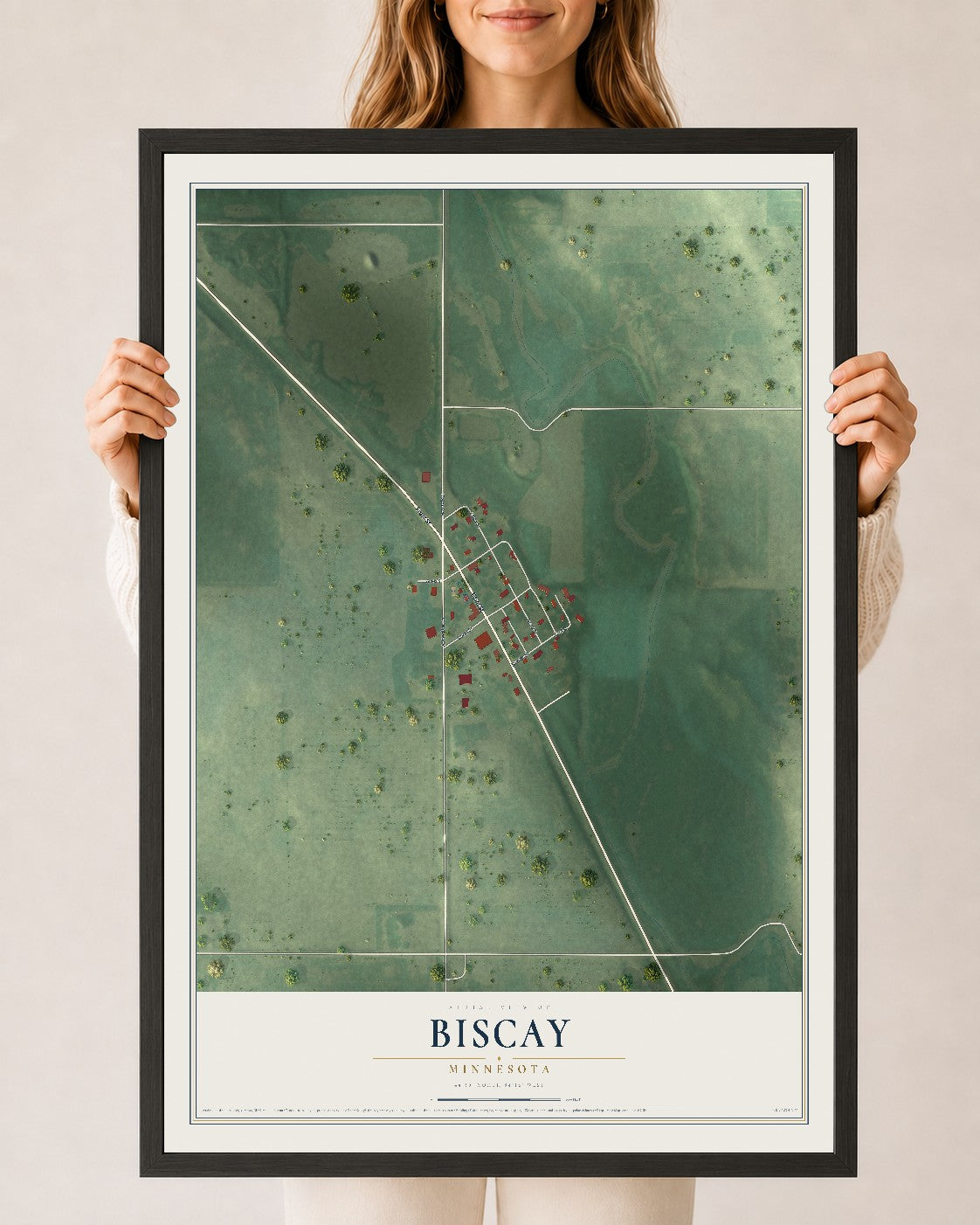 Map of Biscay, Minnesota, 24 x 36 inch print in a black wood frame