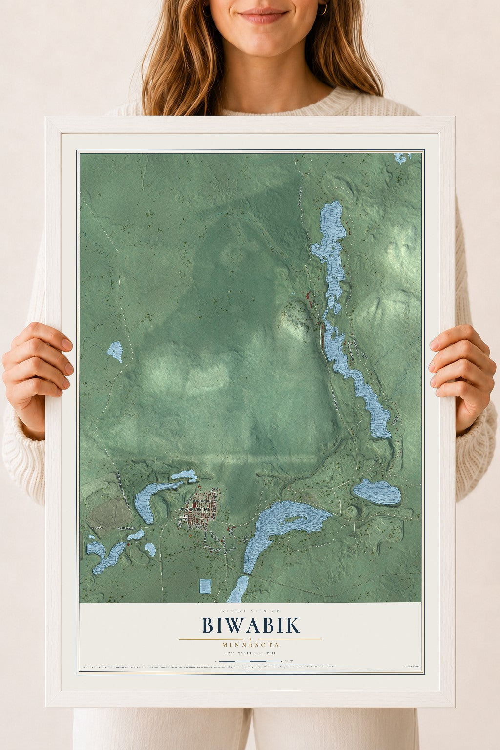 Map of Biwabik, Minnesota, 18 x 24 inch print in a white wood frame