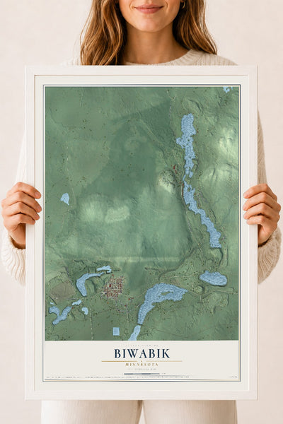 Map of Biwabik, Minnesota, 18 x 24 inch print in a white wood frame