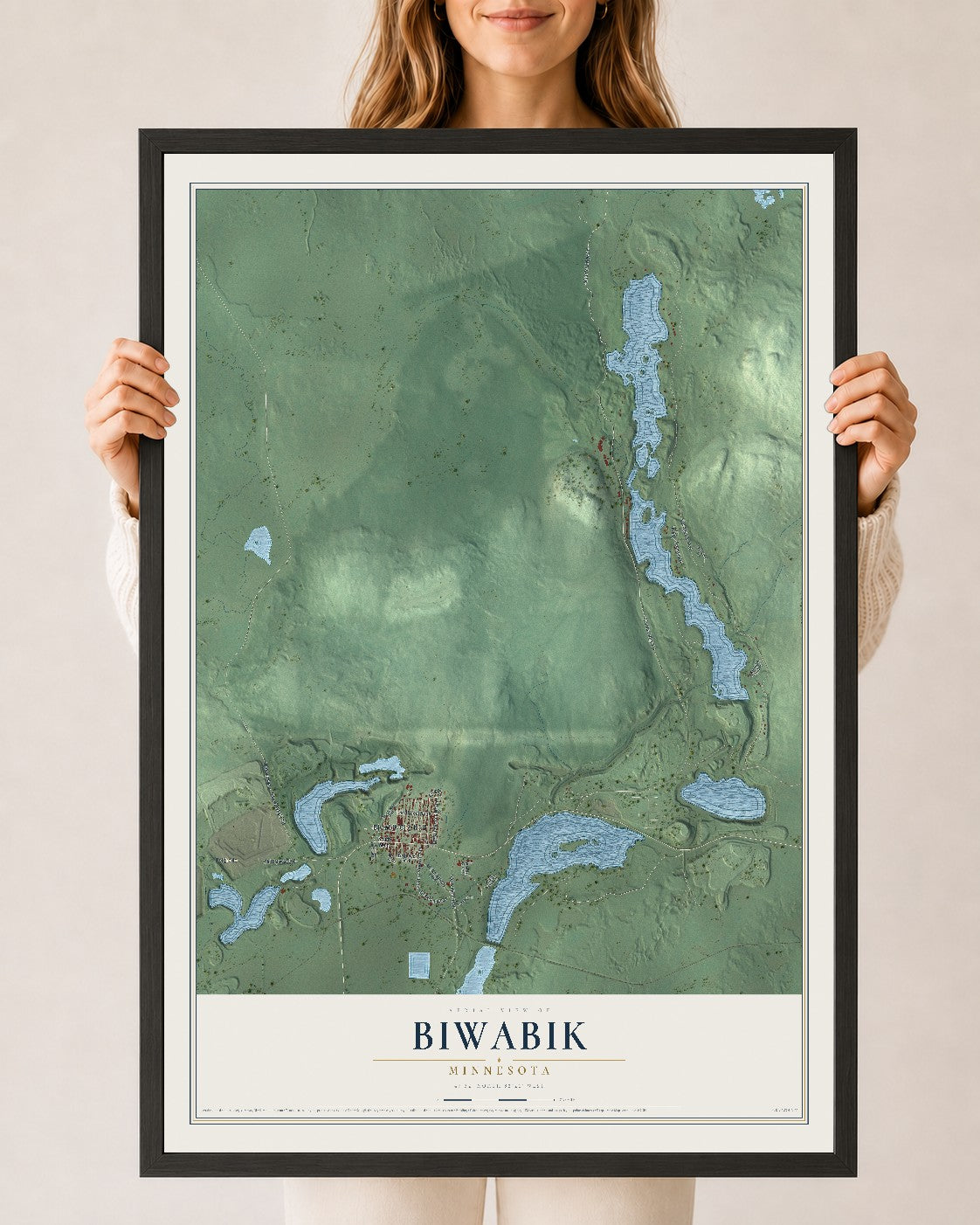 Map of Biwabik, Minnesota, 24 x 36 inch print in a black wood frame